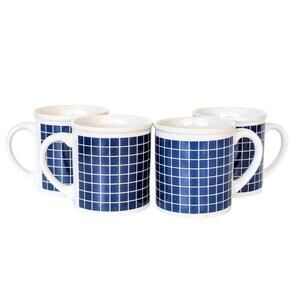 1980s Vintage Coffee Mugs with Blue & White Grid Pattern